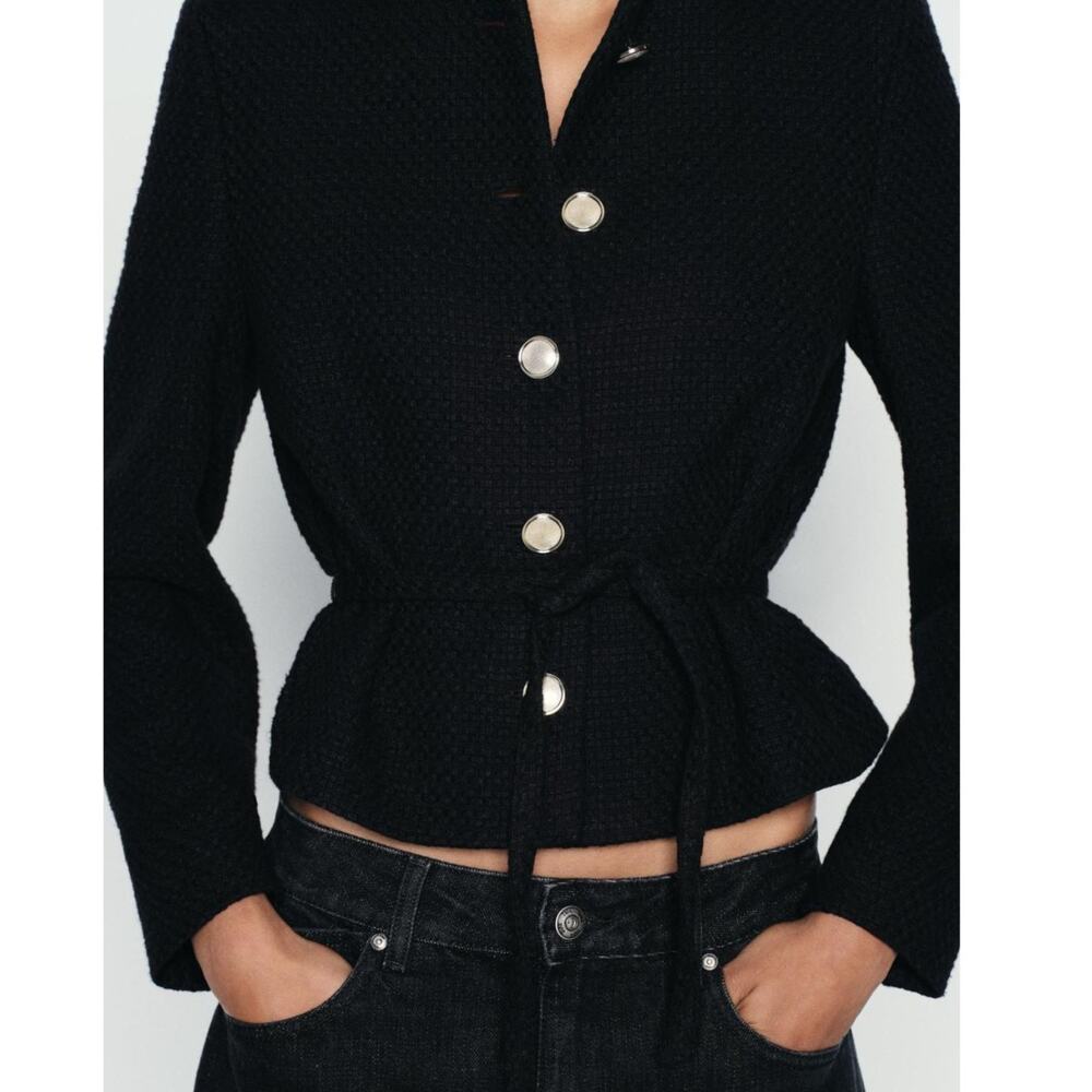 Zara Structured Blazer Lady Jacket Small Black Belted Gold Buttons Preppy Trendy - Picture 4 of 16